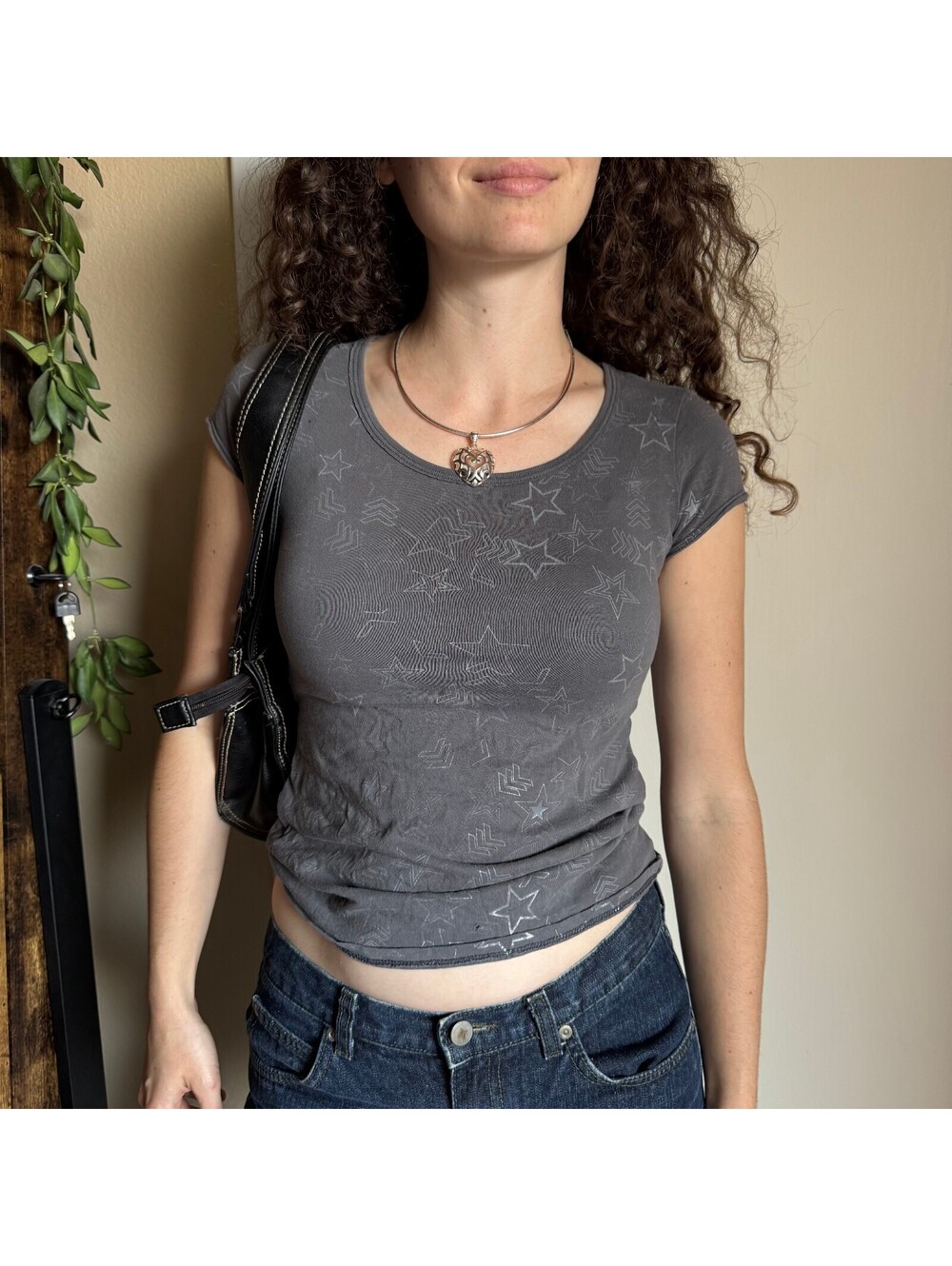 Vintage Y2K Old Navy Gray Star Graphic Baby Tee Women's Large 2000s
